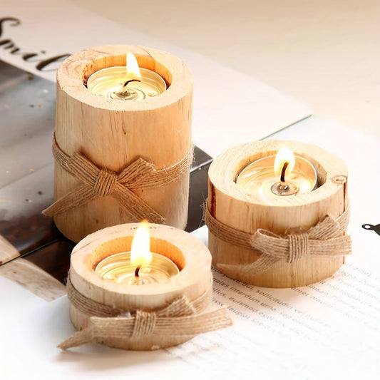 Elegant Wooden Cylindrical Candlesticks Set  Handmade Home Decor